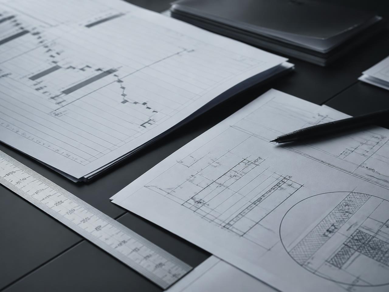 Project drawings, schedules and procurement documentation on a desk